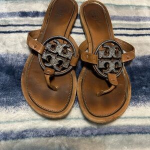Tory Burch Tan Leather Logo Thong Sandals with Black Logo